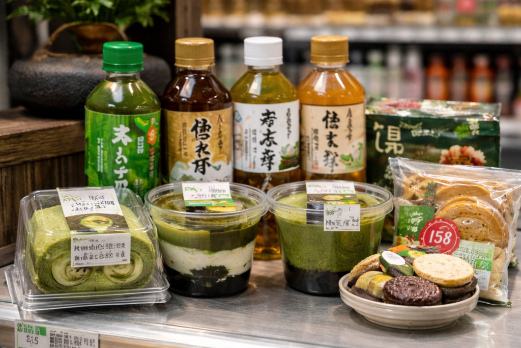 Postres de matcha y bebidas de té japonés.